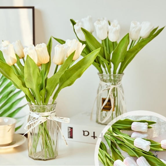 Artificial Tulips Flowers,Real Touch Champagne Tulips,Fake Holland Tulip Bouquet Flowers for Wedding Party Office Home Kitchen Decoration,10PCS