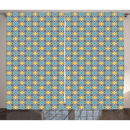 Victorian Trellis - Trellis Curtains 2 Panels Set, Victorian Baroque Ancient Pattern in Vibrant Colors Aged Dated Design, Window Drapes for Living Room Bedroom, 108W X 108L Inches, Purple Yellow Sky Blue, by Ambesonne