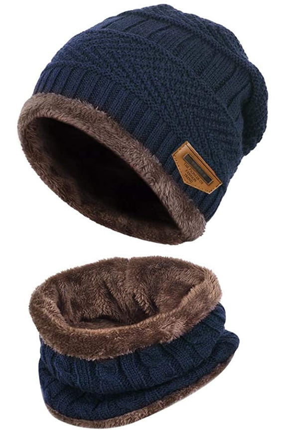 Unisex Winter Beanie Hats Scarf Set Warm Knit Hat Thick Fleece Lined Slouchy Cap Neck Warmer for Men Women (Blue)