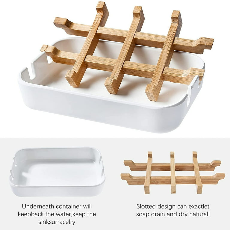 Two Pack Wooden Soap Dishes for Bathroom Bar Soap Holder Shower Soap Holder  Sink Deck Bathtub Shower Tray (Two Pieces White) 