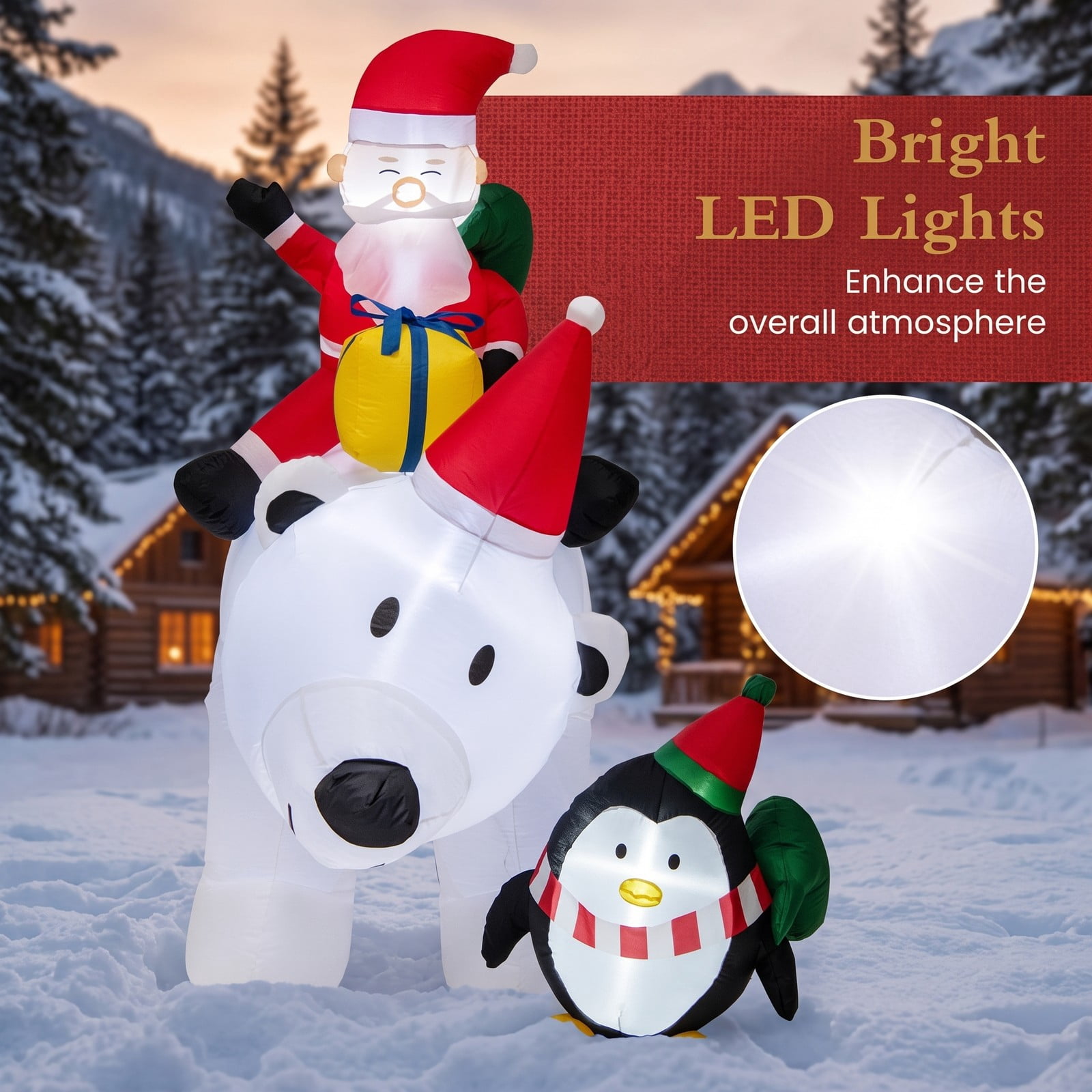 RUIE 7 Ft Inflatable Santa Claus Riding Bear with Penguin, Gift Bags and Gift Box, LED Lighted Christmas Yard Inflatable Blow Up Outdoor Holiday Decoration, Multicolor