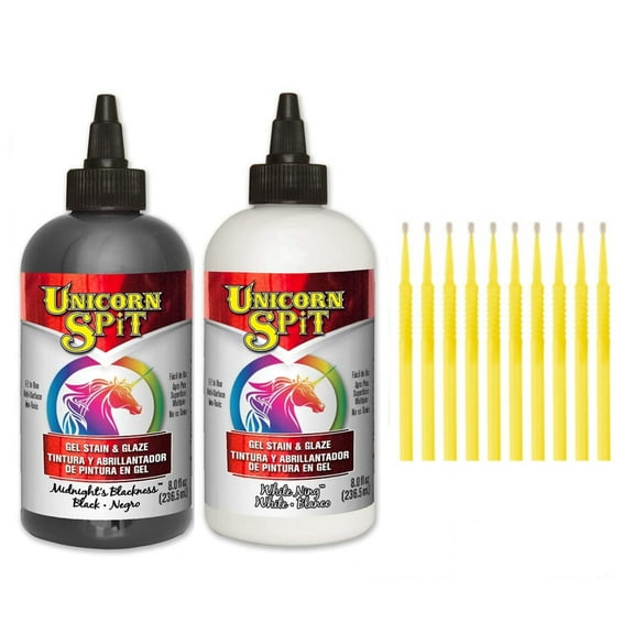 Unicorn SPiT Gel Stain & Glaze Paint in One - 8oz Black & White Set - Midnight's Blackness & White Ning with 10 TreBBies Fine Detail Sticks