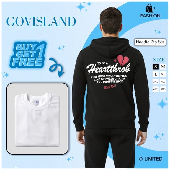Heartthrob Quote Zip Up Hoodie and Jogger Sweatpants Set, Includes White T Shirt, Unisex Fleece Matching Tracksuit, Black