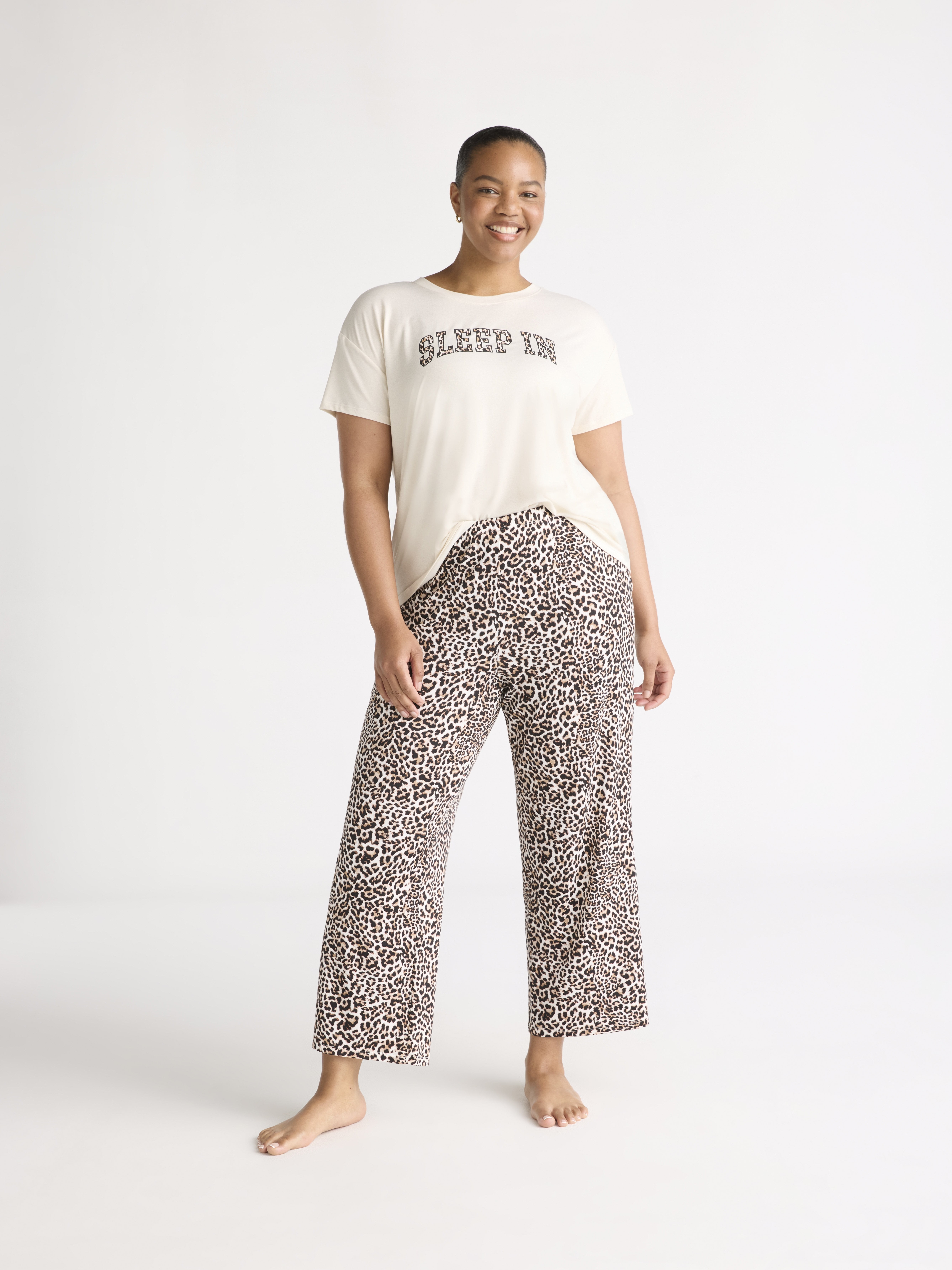Joyspun Women's Short Sleeve Sleep Top and Open Leg Pant Set, Sizes XS to 3X