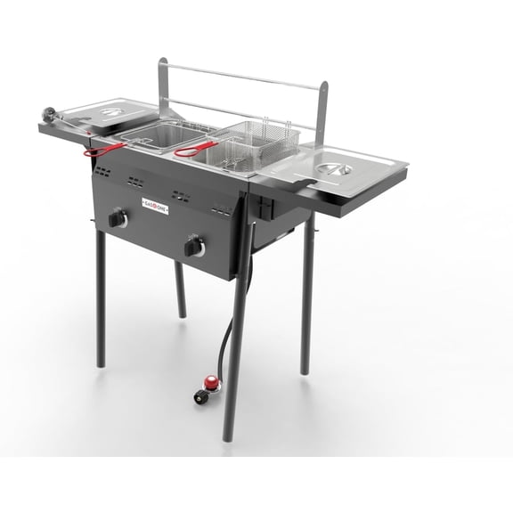 Outdoor Propane Deep Fryer - Double Burners, 16 Qt Removable Baskets & Lids, Oil Fryer Cart with Thermometer & Regulator - Perfect for Outdoor Cooking & Commercial Use