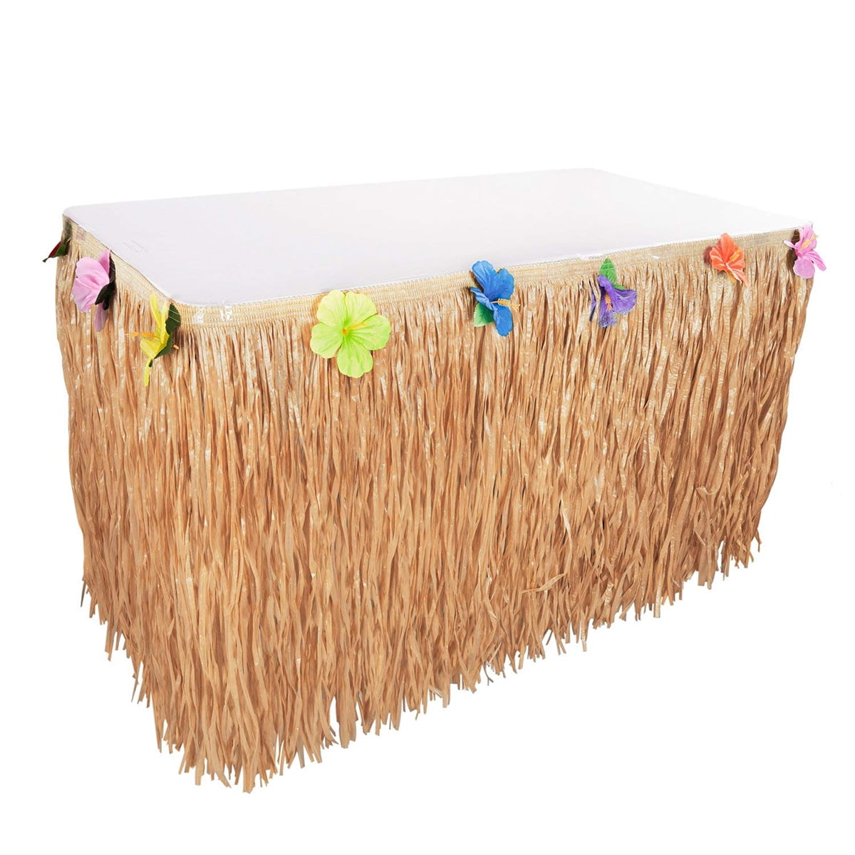 Table Skirt Hawaiian Luau Hibiscus Natural Color String & Colorful Faux