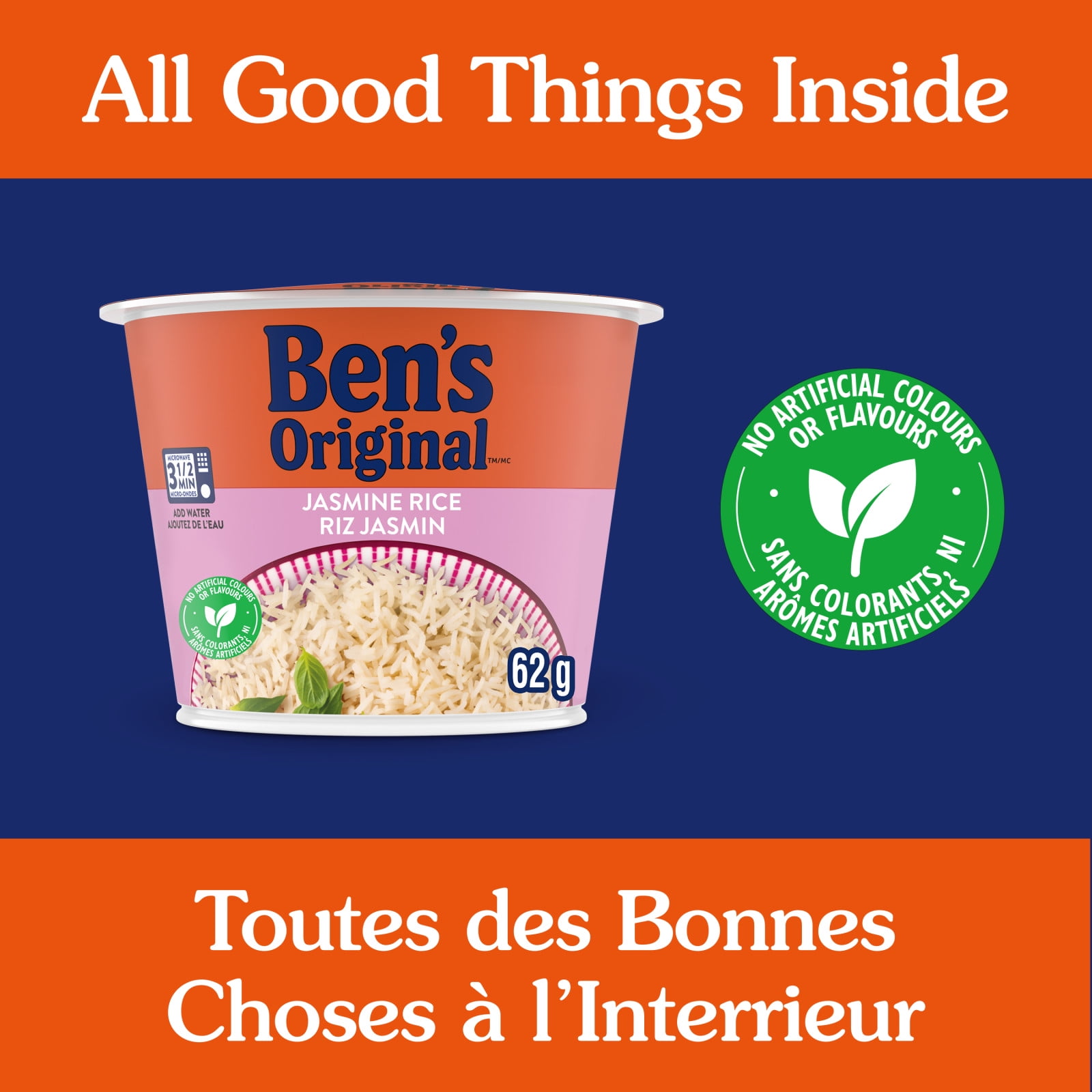 BEN'S ORIGINAL™ Jasmine Rice Single Serve Cup, Snack or Side, Microwave in 3.5 Minutes, 62g, BEN JASMINE SINGLE SERVE CUP 62g
