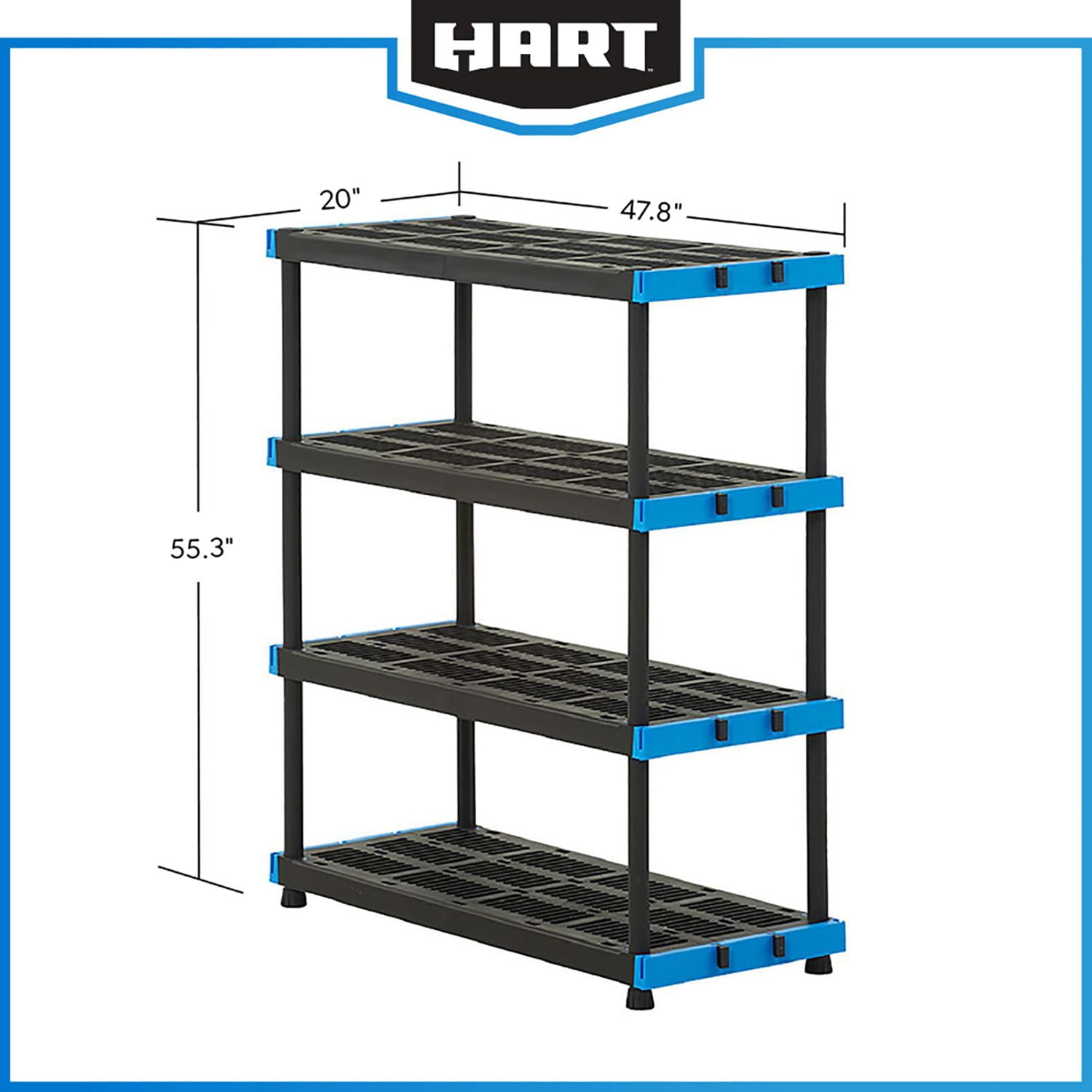 (2 pack) Hart Black & Blue Plastic 4-Tier 48" W x 20" D x 53" H, 800lb Total Capacity
