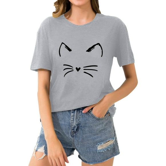 LUOGENLI Female T-shirts for Womens Women Round Neck Short Sleeve Everyday Text Botanical Floral Cat T Shirt Top T-shirts for Women Graphic Tee Valentines Grey S