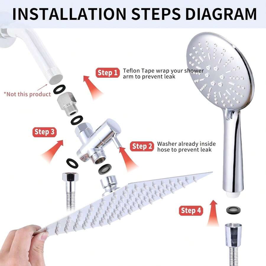 Shower Head Combo,8/10/12" Rain Square Shower Head  With 9 Inch Adjustable Extension Arm And 3 Settings Handheld Spray,150cm Long Hose