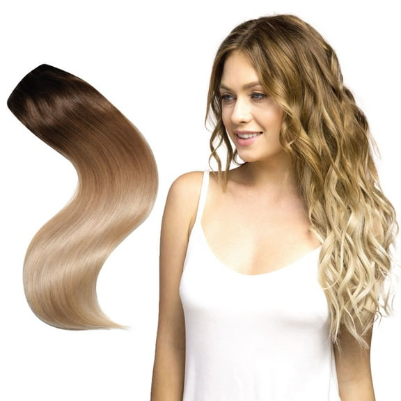 7-Piece Clip-In Hair Extension Set by Joi Hair, Clip Sewn Machine Weft, Premium Remy Human Hair, Full Set for Full Head, 120g 20" #T6/184/16 Champagne Ombré