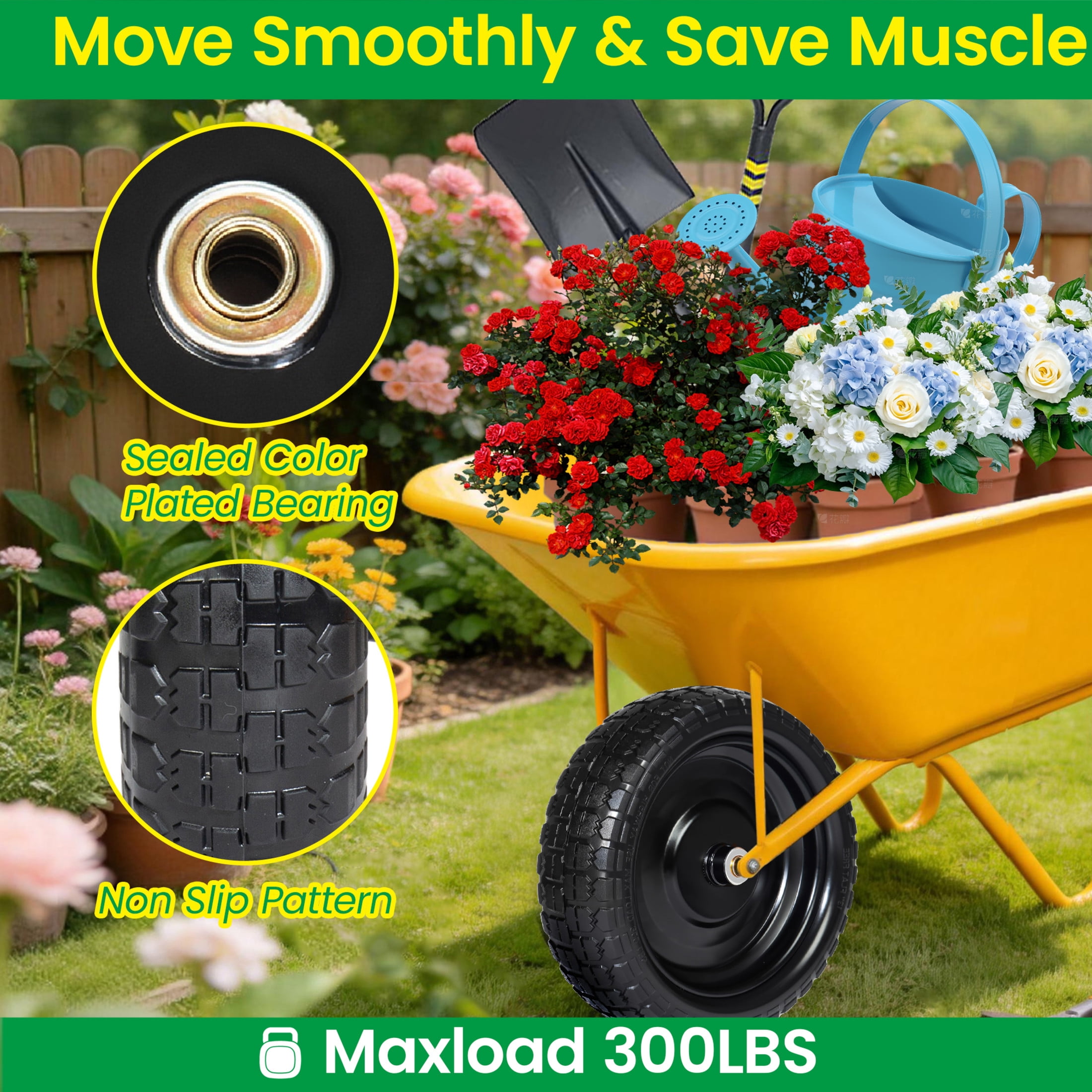 Noble House 13" x 3.5" Solid Rubber Flat-Free Tires & Wheels with Flat-Free Design for Trailer, Black, Set of 2