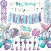 Mermaid Birthday Party Decorations Supplies Banner Tassel Garland Bubble Garland Hanging Jelly Fish Paper Lanterns Balloons Cake Topper Mermaid Happy Birthday Decorations for Kids Girls Women