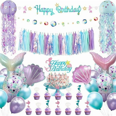 Mermaid Birthday Party Decorations Supplies Banner Tassel Garland Bubble Garland Hanging Jelly Fish Paper Lanterns Balloons Cake Topper Mermaid Happy Birthday Decorations for Kids Girls Women