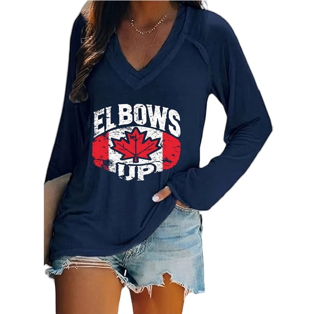 MHFRRA Camiseta Informal de Manga Larga con Cuello En V y Estampado Canadiense para Mujer Azul