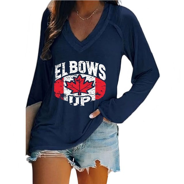 MHFRRA Camiseta Informal de Manga Larga con Cuello En V y Estampado Canadiense para Mujer Azul