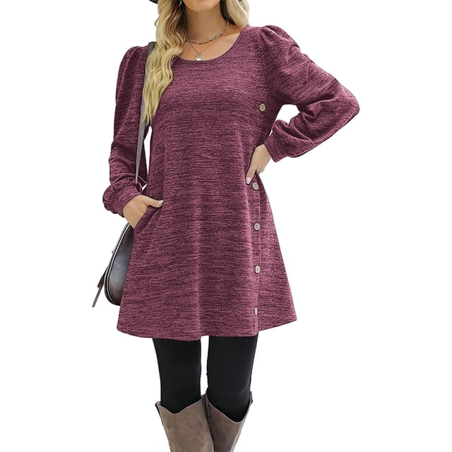 TopLLC Robe Mi-Mollet à Manches Longues Col Rond Mode Décontractée Couleur Unie Robe Mi-Mollet à Manches Longues Robe Femme