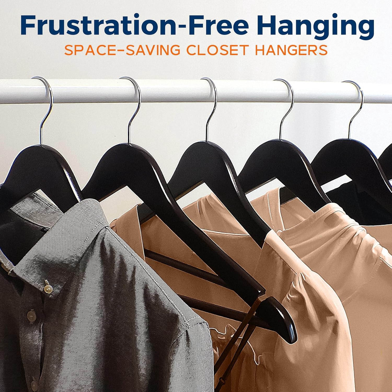Brown Wooden Hangers 5 Pack – Heavy-Duty with 360° Swivel Hook, Non-Slip, Pants Bar & Shoulder Grooves - Wooden Hangers for Suits, Jackets, Dresses & Camisoles, Space-Saving and Smooth Finish