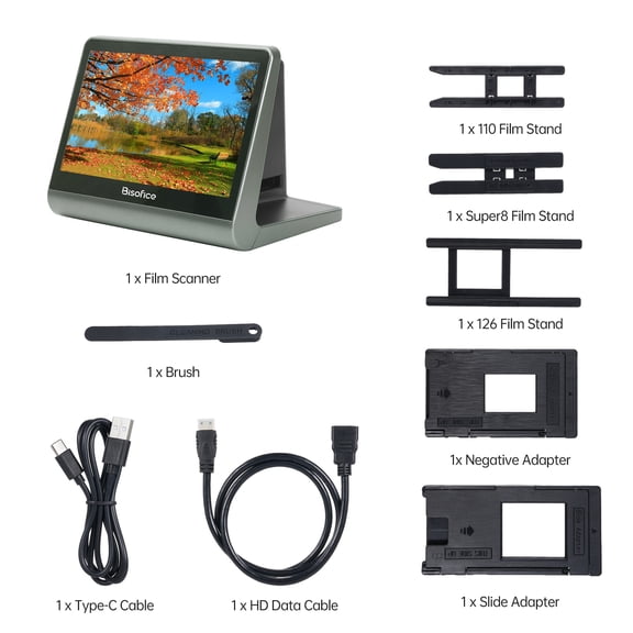 Bisofice Film And Slide Scanner For 135 Film36x24mm/126KPK /110 Film/Super8/ Monochrome/Slide To Digital JPEG Photos Built-in 16GB Memory 7'' LCD Screen APP Support 48W