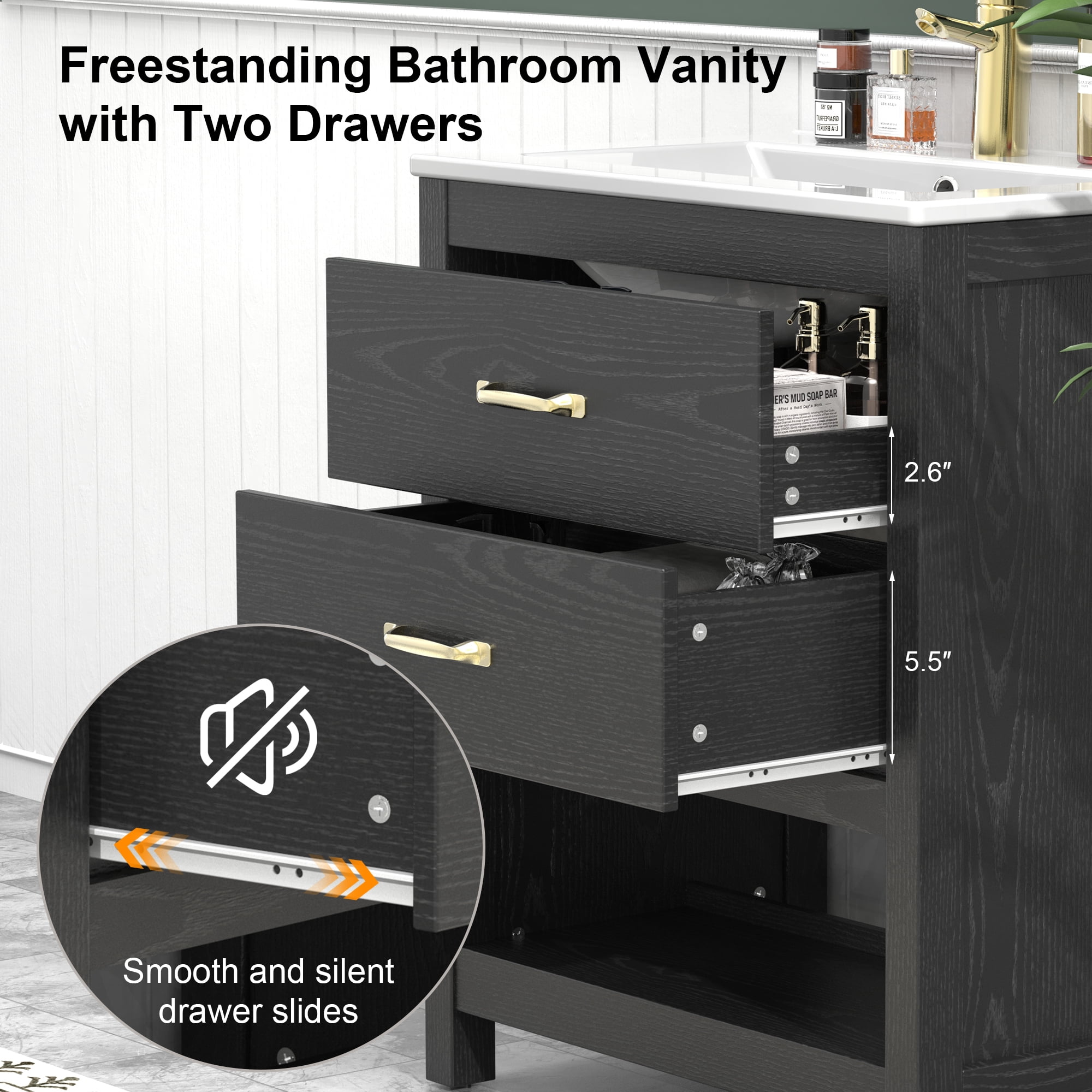 EVOKEDEN 24” Bathroom Vanity with Sink, Modern Bathroom Cabinet Set with LED Light for Small Space, 2 Soft-Close Drawers with Organizer, Black