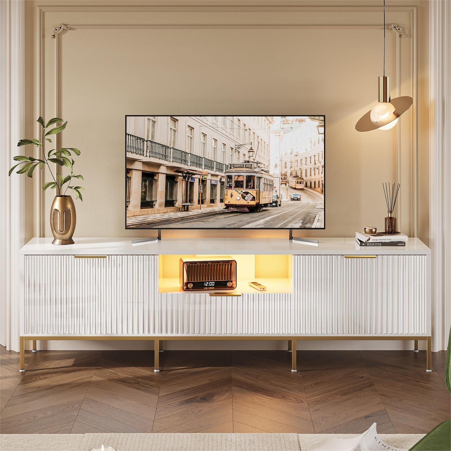 Bestier 70 inch LED TV Stand Modern High Gloss Fluted TV Cabinet Entertainment Center with Drawers for TVs up tp 75 inch, White & Gold