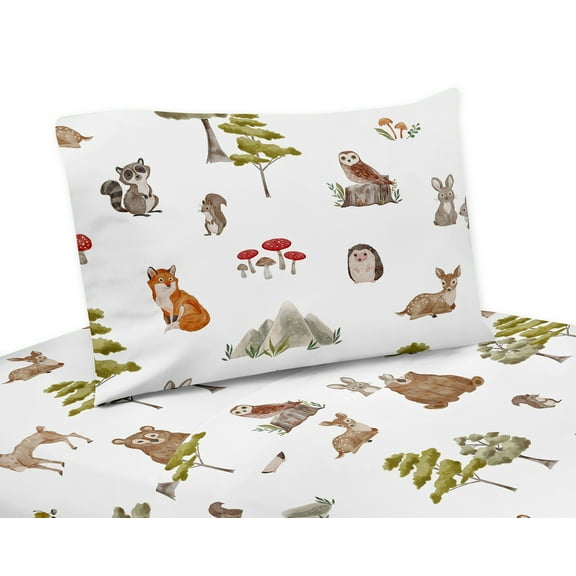 Sweet Jojo Designs Watercolor Woodland Forest Animals Boy Girl Gender Neutral Unisex Queen Size Sheet Set 4 Piece
