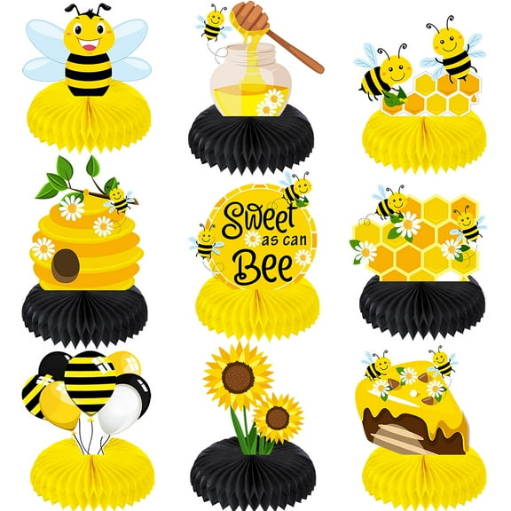9 Pcs Honey Bee Baby Shower Party Decoration Centerpiece Bumble Honeycomb Centerpieces Table Decoration for Bee Day Themed Gender Reveal Birthday Party Supplies