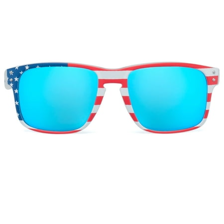 New Arrival Bnus Italy Made Commander Classic Corning Real Glass Lens Polarized Sunglasses For Men UV400 Protection 56MM American Flag Pattern Frame/Blue Mirrored Polarized