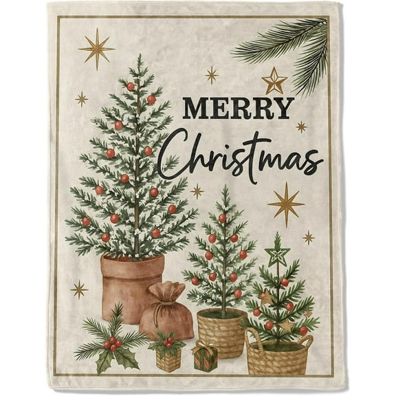 Christmas Tree Decorative Blanket, Pine Red Berry Star Print Throw Decoration, Soft Flannel Winter Blankets for Couch Bed Sofa, Holiday Home Decor, Xmas Festival Gifts 50x60 Inch