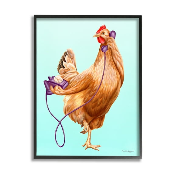 Stupell Industries Chicken Hen Bird Talking Purple Rotary Phone Graphic Art Black Framed Art Print Wall Art, Design by Amelie Legault