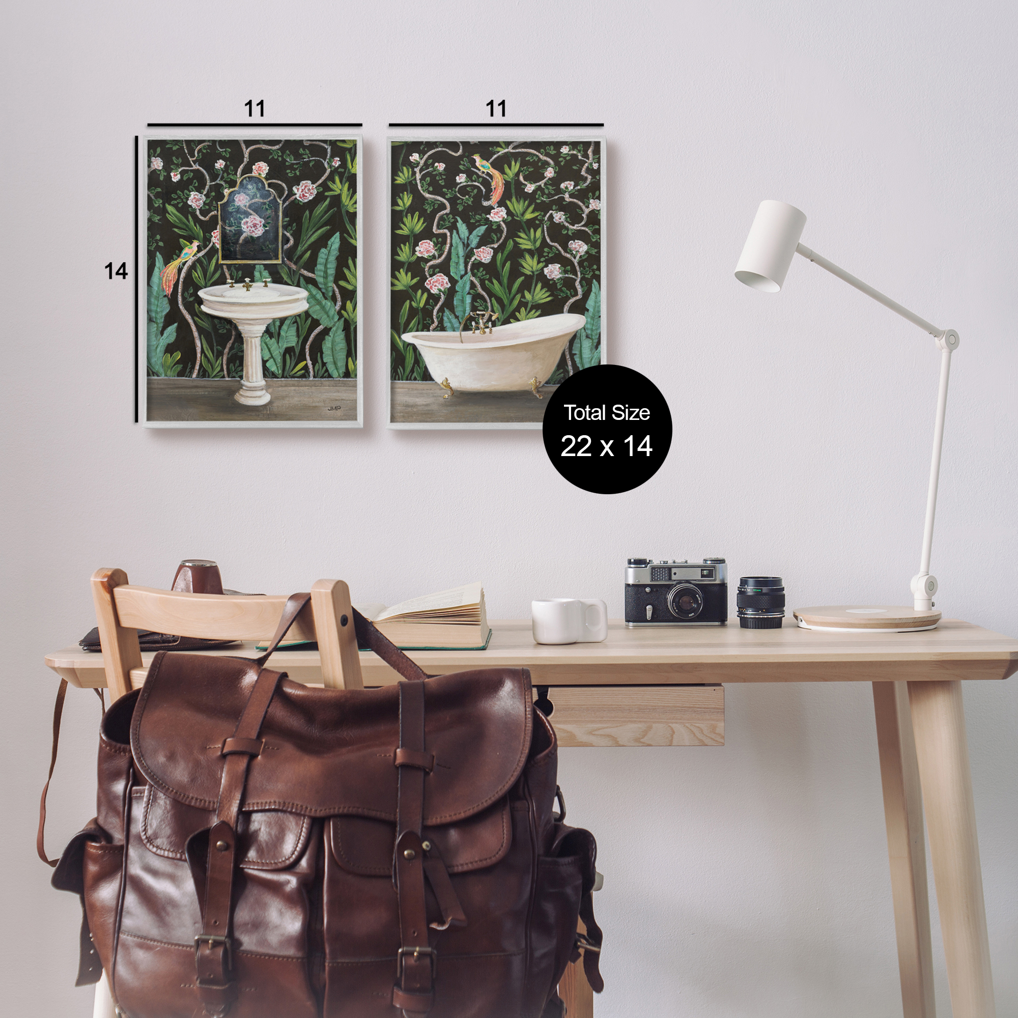 Stupell Industries Tropical Patterned Bathroom Botanical & Floral Painting Gray Framed Art Print Wall Art, 11 x 14, Set of 2