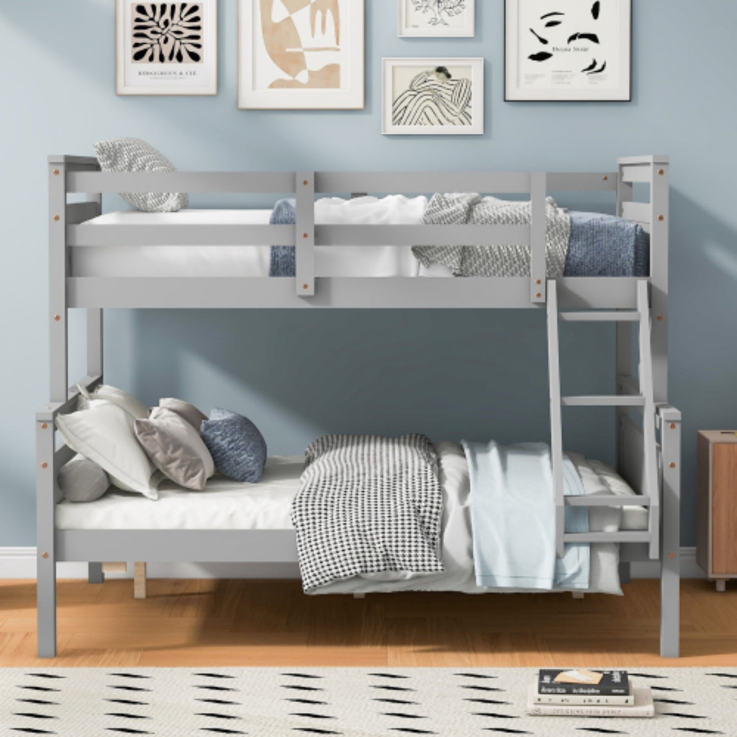 Twin Over Full Bunk Bed with Ladder and Safety Guardrails, Convertible Wood Bunk Bed Frame, Detachable into Twin & Full Platform Beds for Kids Bedroom, Gray