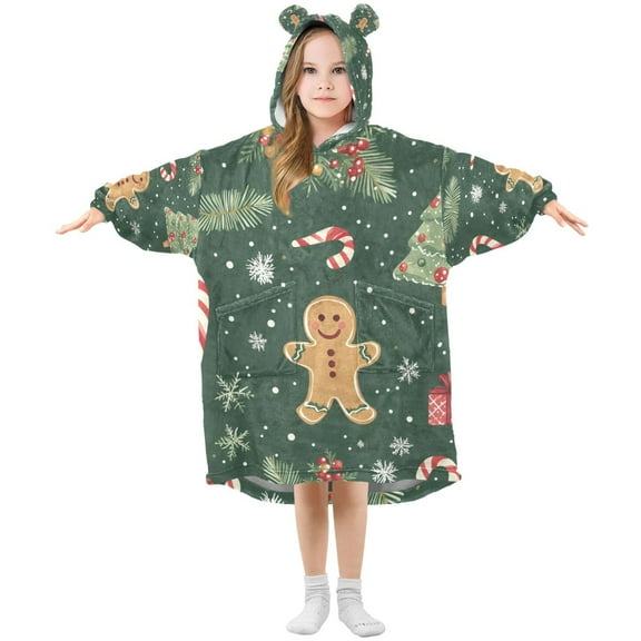 FORMRS Wearable Blanket Hoodie with Sleeves for Kids Cozy Flannel Sweatshirt, Christmas Gingerbread