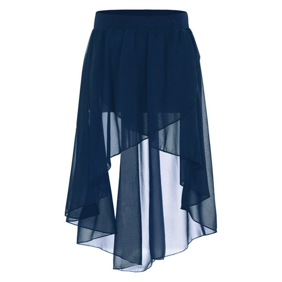 dPois Kids Girls Hi-Lo Split Chiffon Dance Skirts Ballet Modern Jazz Lyrical Studio Practice Costume Navy Blue 14