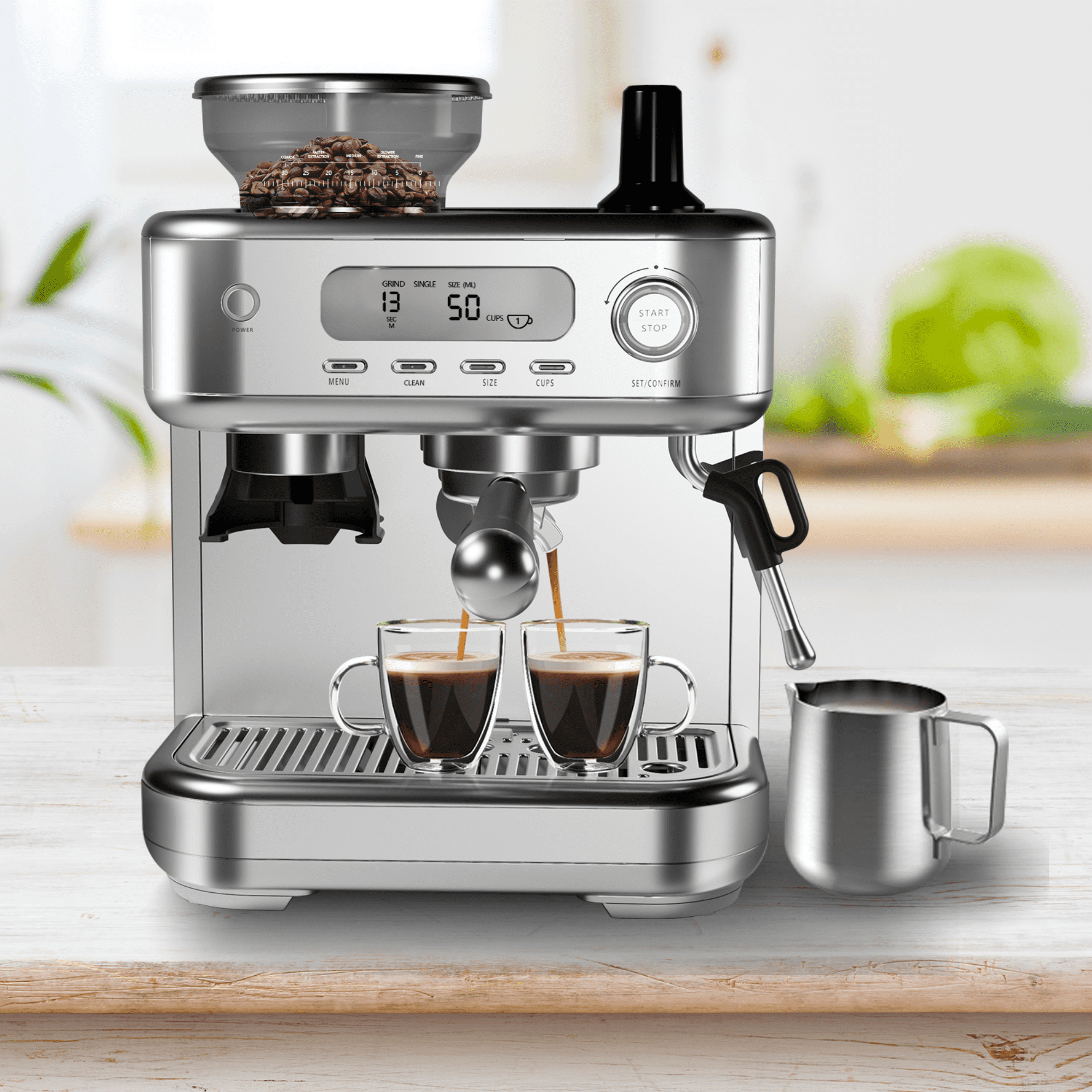 Home Semi-Automatic Espresso Machine, Stainless Steel Coffee Machine with Grinder and Steam Milk Frother, LCD Smart Screen Espresso Maker with 78 Oz Removable Water Tank