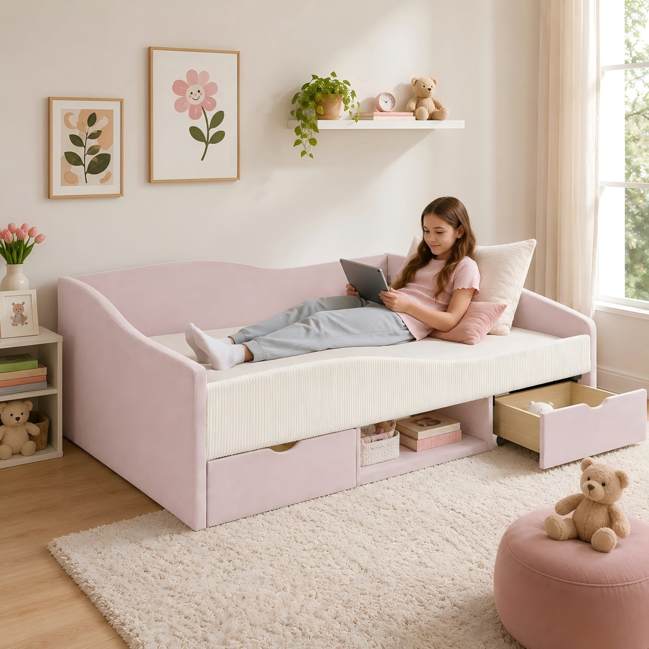 Aukfa Full Size Upholstered Daybed with 2 Storage Drawers, Shelf and Curved Guardrails, Velvet Bed Frame, Pink