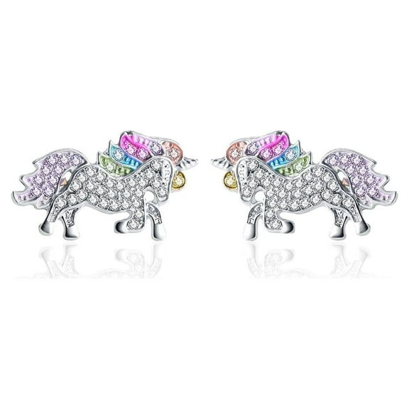 18k White Gold Plated Multi-Colored Unicorn Stud Earrings