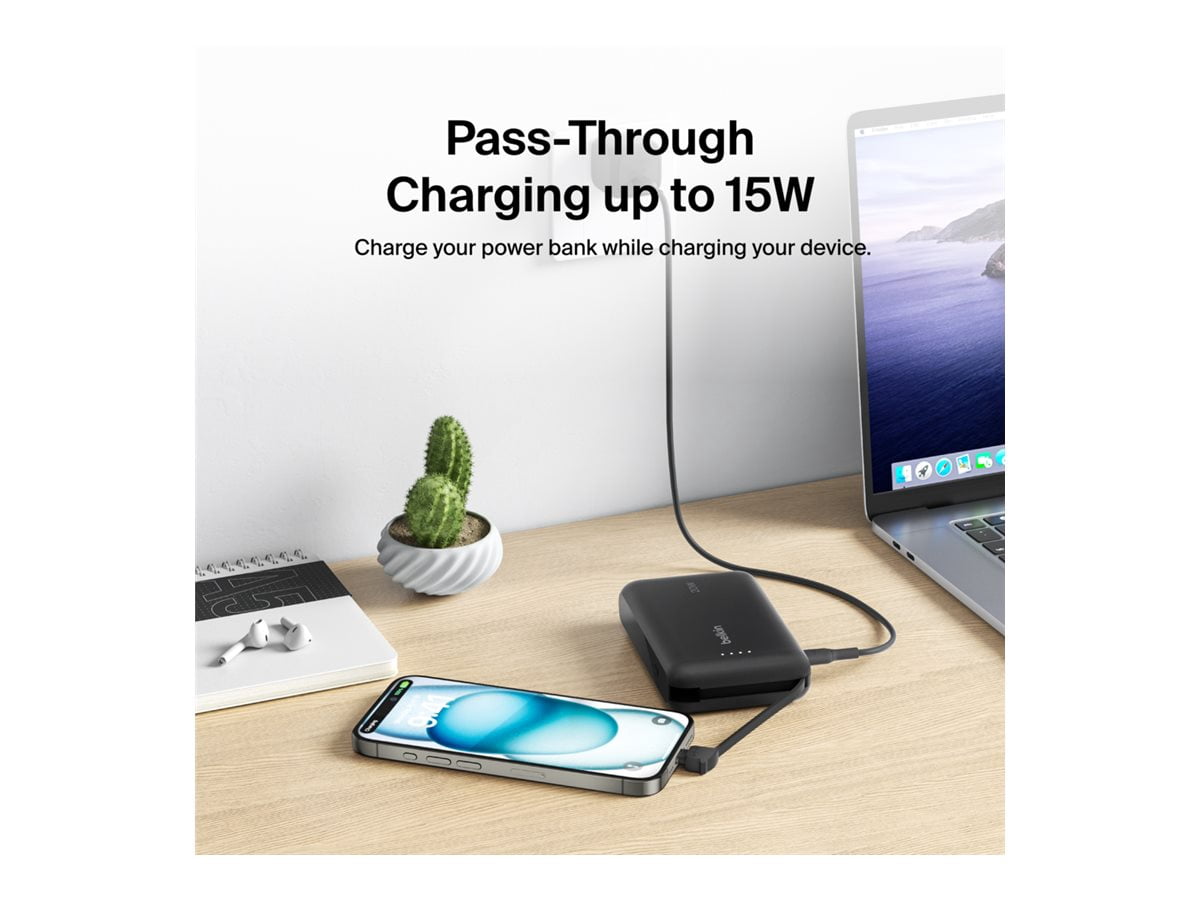 Belkin Power Bank, Portable Power Bank with Integrated Cable 10K PD 20W - Fast Charge USB-C Power Delivery, Portable iPhone Charger for iPhone 16 Series, iPad Pro, Galaxy S24, and More - Black