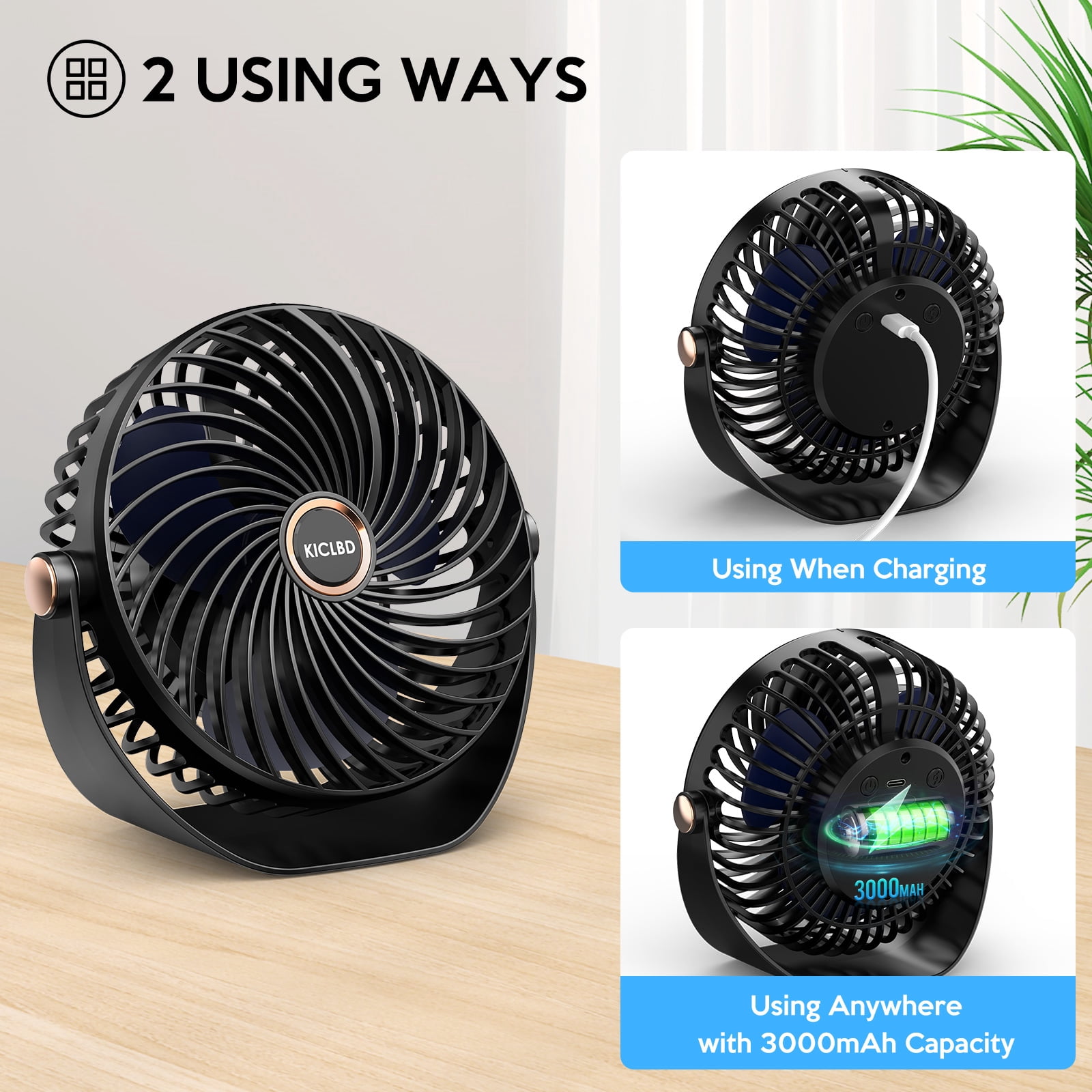 6" Table Fans for Home, Portable Desktop Fan 360°-Degree Adjustable Tilt, 3000mAh USB Rechargeable Fan, 26db Low Noise, 5 Speeds, Child Friendly Quiet Small Desk Fan for Home, Bedroom, Dorm & Office