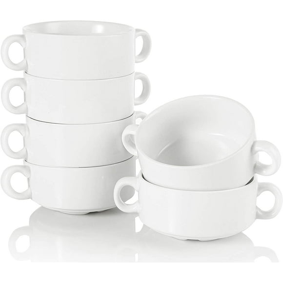 shiyou-Porcelain Bowls with Double Handles 10 Ounce White French Onion Soup Bowl Round Stackable Bowls for Soup, Cereal, Oatmeal, Set of 6