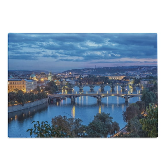 Prague Cutting Board, Night Time with Vltava River Bridge and City Buildings Czech Republic Europe Urban, Decorative Tempered Glass Cutting and Serving Board, in 3 Sizes, by Ambesonne