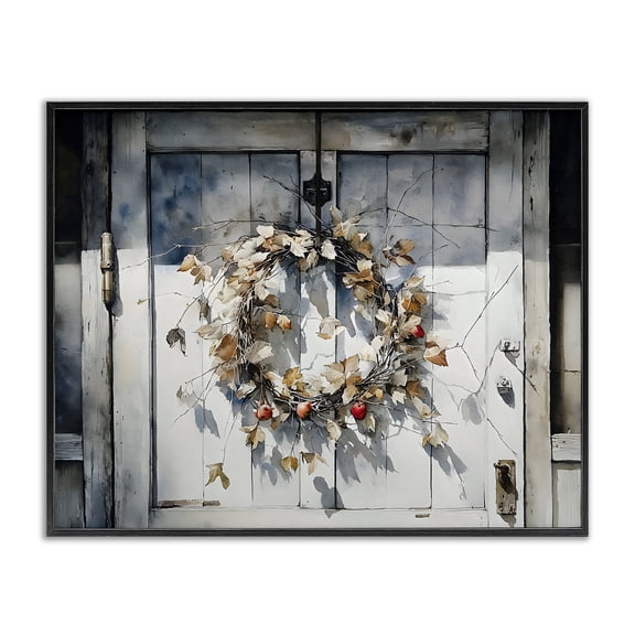 Stupell Industries Rustic Wreath on White Door Black Framed Giclee Art, design by Franklyn Gregory