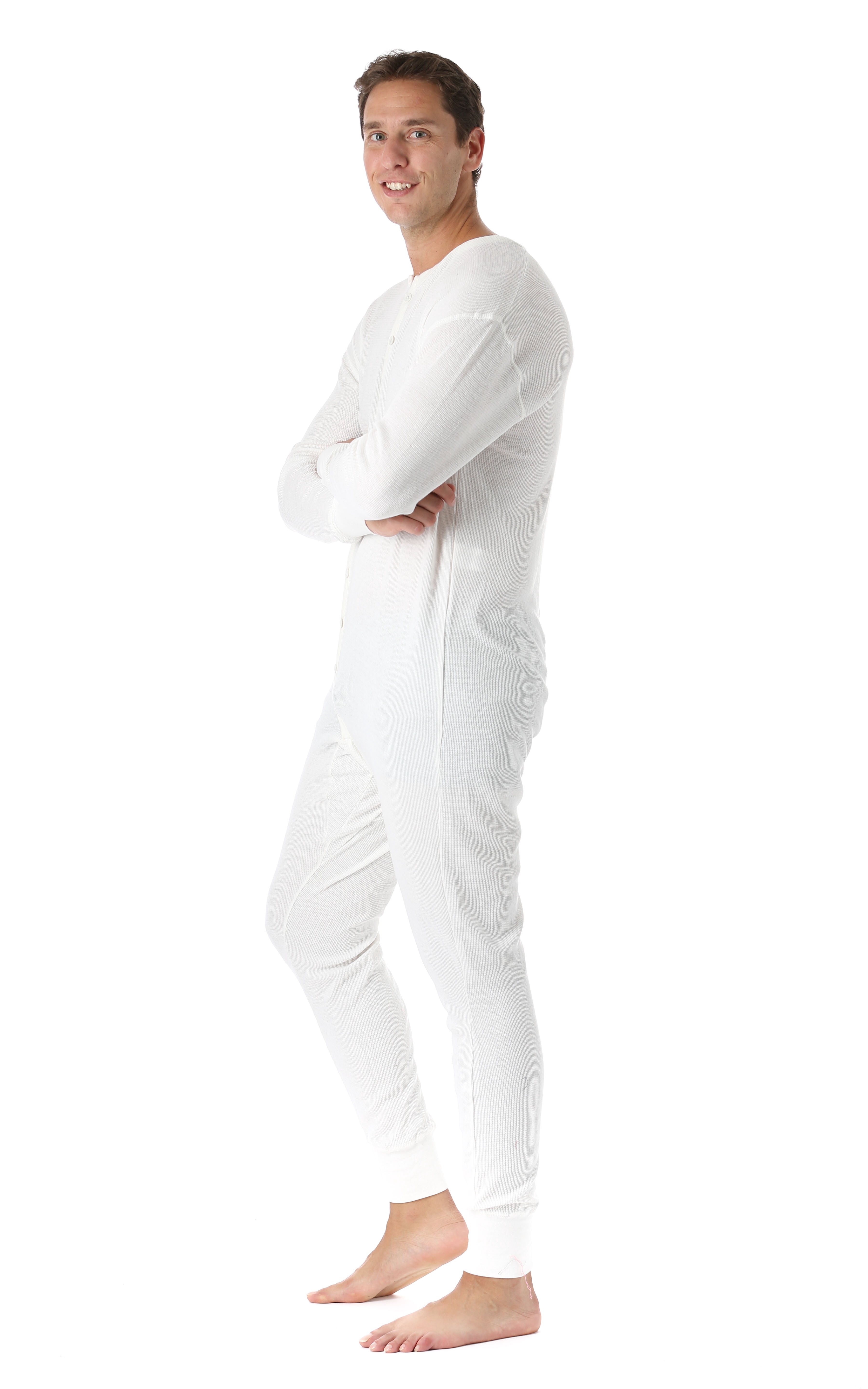 #followme Men's Solid Thermal Henley Adult Onesie (Ecru, Large)
