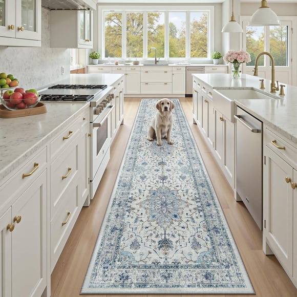 RELEANY Area Rugs 2'x10' Washable Non-Slip, Floral Vintage Distress Print Pattern Medallion Carpet for Living Room Bedroom Dining Room, Light Blue Na