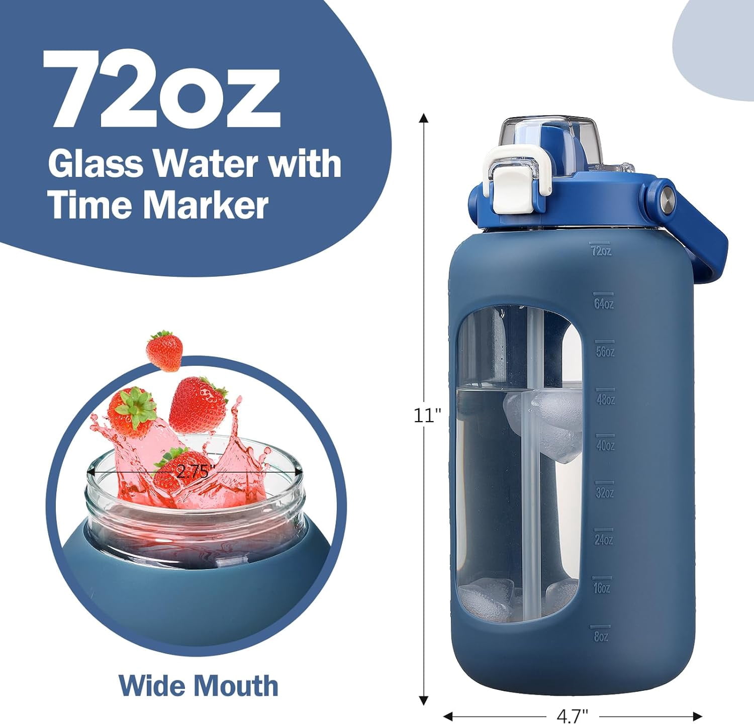 72oz Glass Water Bolttles, 3-in-1 Straw and Sip Spout Handle Lid, Half Gallon Water Bottle with Time Marker and Silicone Sleeve, BPA-Free Sports Water Bottle for Gym, School, Bright Pink