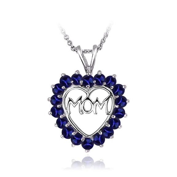 Sterling Silver Created Blue Sapphire MOM Open Heart Necklace