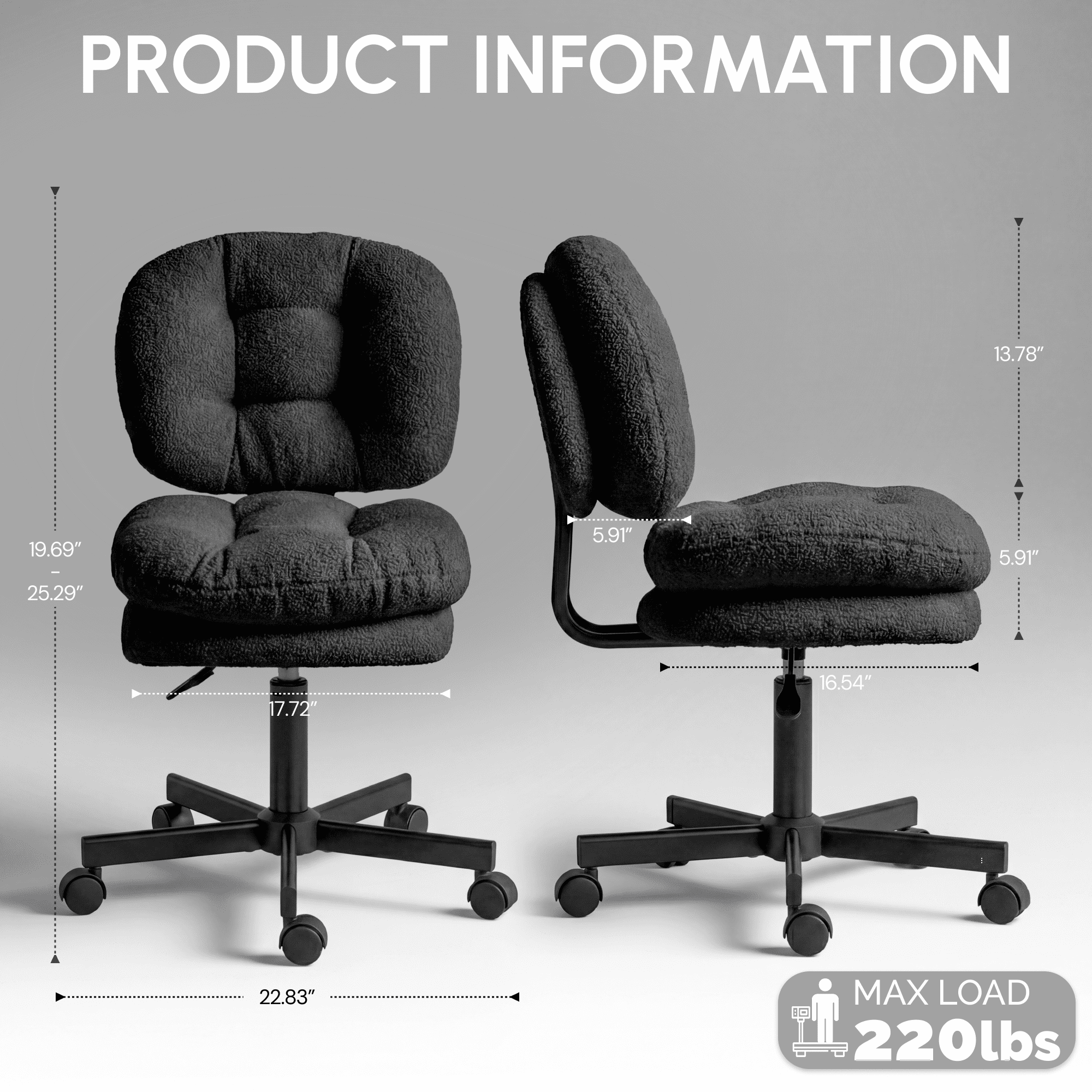 Goosea Office Desk Chair with Double-layer Thick Cushion and Backrest Vanity Chair, Armless Rotatable Computer Chair, Height Adjustable, Black