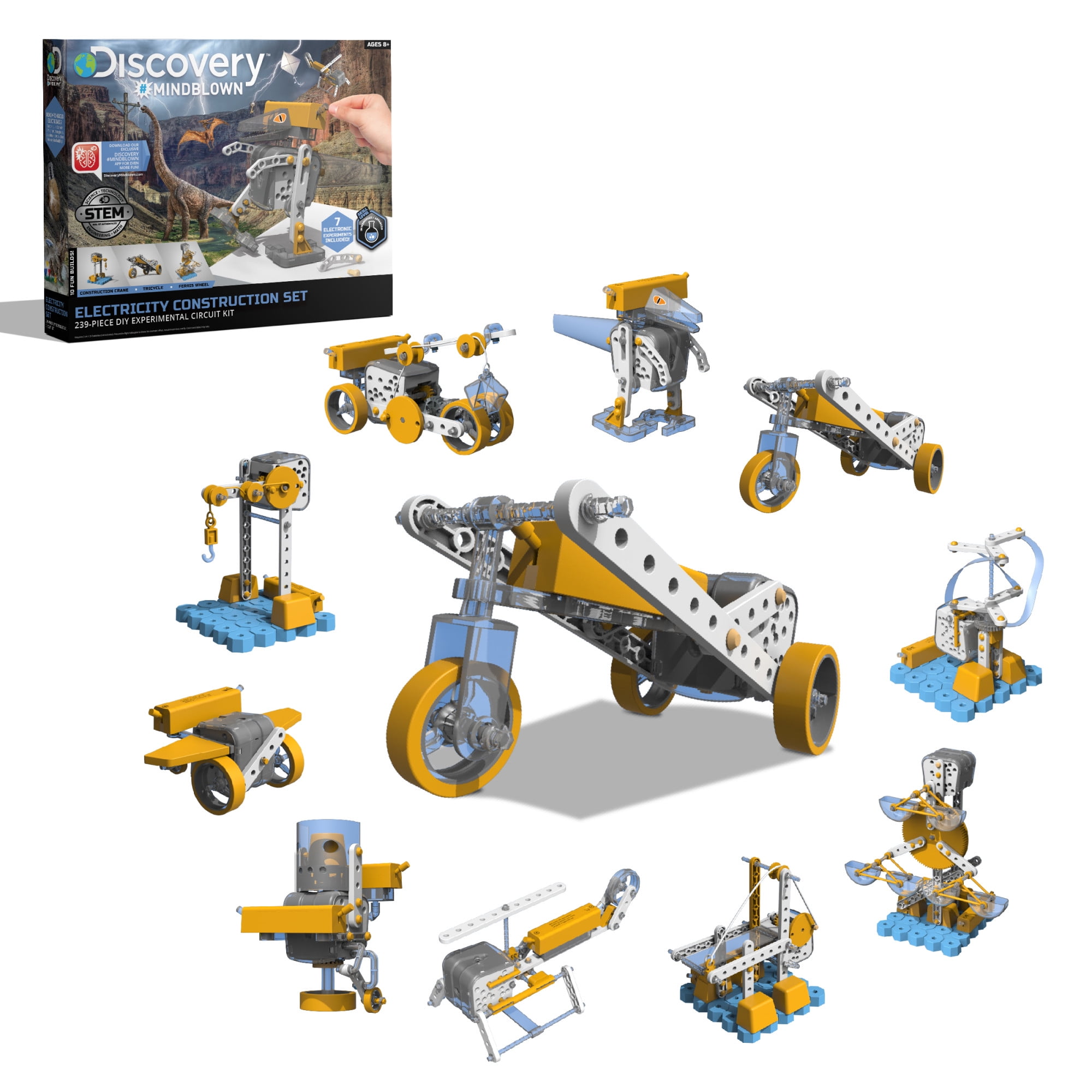 Discovery #Mindblown Electricity Construction Set, 10 Vehicle Kits & 7  Circuit Experiments, 239 pcs, STEM Toys for Kids, 8+
