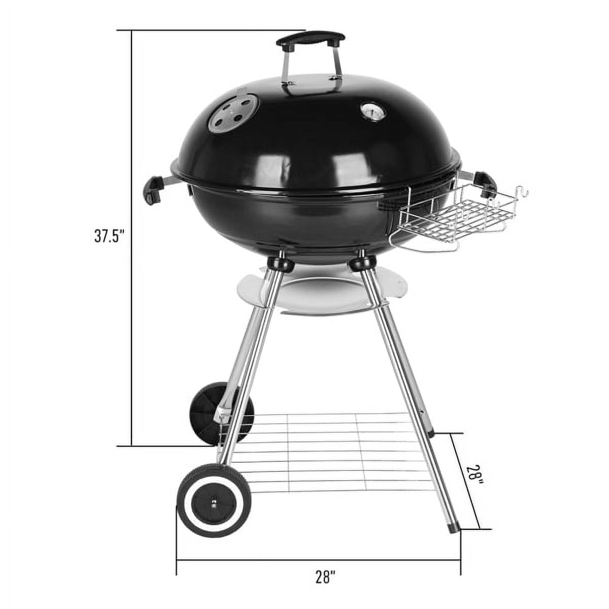 28" Portable Charcoal Grill with Wheels & Storage Rack - Porcelain-Enameled Kettle Grill with Ash Catcher & Thermometer for Camping, Parties & Picnics
