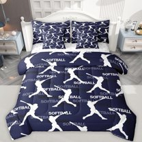 Feelyou Navy Softball Print Twin Bedding Sets 7-Piece for Kid, Cartoon Baseball Lover Bedding Comforter Set, Eat Sleep Sport Reversible Sheet Sets, Breathable Home Decor